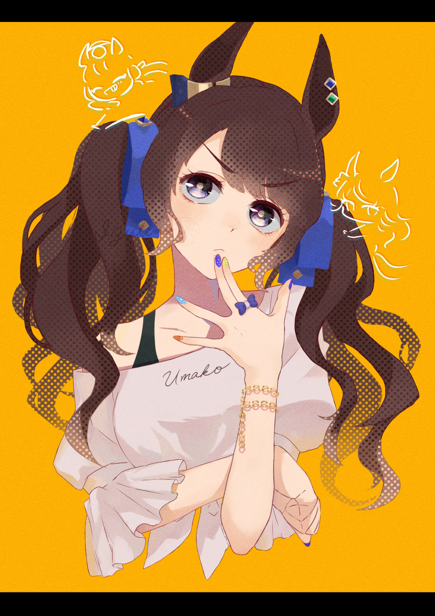 1girl absurdres animal_ears bangs bracelet breasts brown_hair clenched_hand closed_mouth cropped_torso ear_bar frown grey_eyes grey_shirt hand_up highres horse_ears izu_lemon jewelry letterboxed long_hair looking_at_viewer medium_breasts multicolored_nails off-shoulder_shirt off_shoulder shirt single_bare_shoulder solo tosen_jordan_(umamusume) twintails umamusume unmoving_pattern upper_body v-shaped_eyebrows