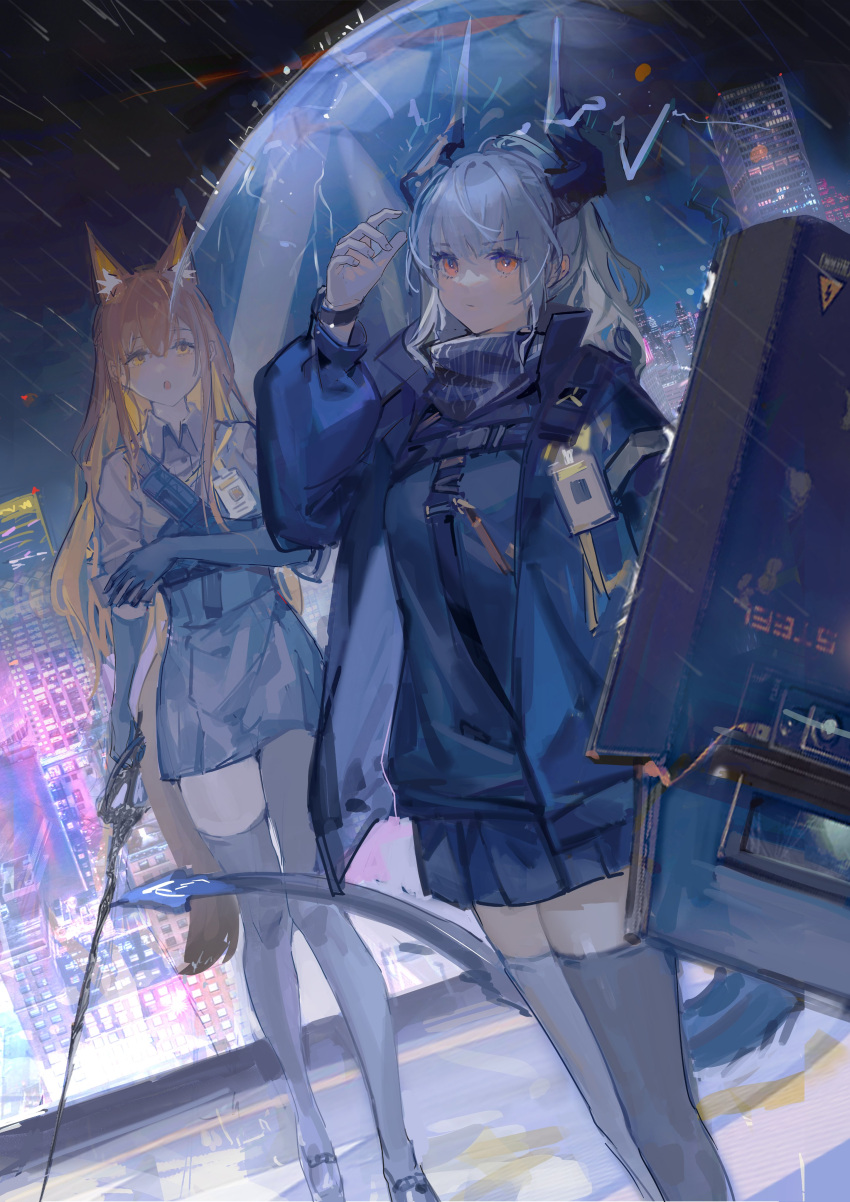 2girls :o absurdres animal_ears arknights asymmetrical_legwear ballistic_shield bangs black_gloves black_jacket city closed_mouth commentary dragon_girl dragon_horns dragon_tail dress dutch_angle elbow_gloves english_commentary fox_ears fox_girl fox_tail franka_(arknights) gloves grey_dress grey_hair grey_thighhighs hand_up highres holding holding_shield holding_sword holding_weapon horns id_card jacket liskarm_(arknights) long_hair long_sleeves looking_at_viewer medium_hair miniskirt multiple_girls neriash night open_clothes open_jacket open_mouth orange_eyes orange_hair pleated_skirt rain shield shoes short_dress short_sleeves single_leg_pantyhose single_thighhigh skirt sweater sword tail thigh-highs turtleneck turtleneck_sweater watch watch weapon yellow_eyes zettai_ryouiki