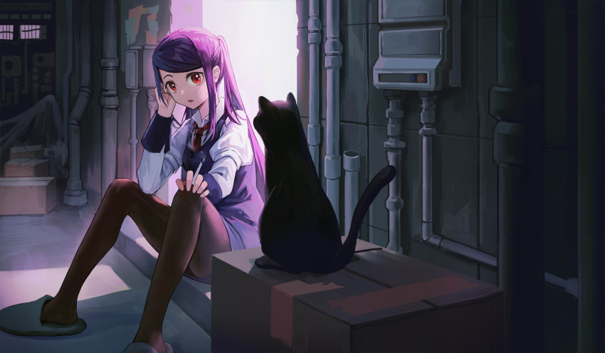 1girl absurdres bangs black_cat black_pantyhose cat cigarette commentary_request highres holding holding_cigarette industrial_pipe jill_stingray long_hair long_sleeves looking_at_viewer necktie pantyhose purple_hair red_eyes red_necktie shadow shirt sidelocks sitting smoke smoking solo swept_bangs twintails va-11_hall-a vest white_shirt xiaomai_yorik