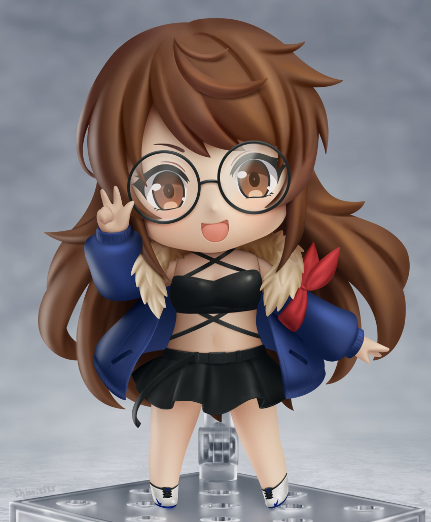 1girl absurdres artist_name bangs black-framed_eyewear black_skirt blue_jacket character_request chibi commission crop_top faux_figurine full_body glasses highres indie_virtual_youtuber jacket long_hair long_sleeves looking_at_viewer nendoroid open_mouth round_eyewear second-party_source shiori2525 shoes skirt smile sneakers solo swept_bangs v virtual_youtuber white_footwear