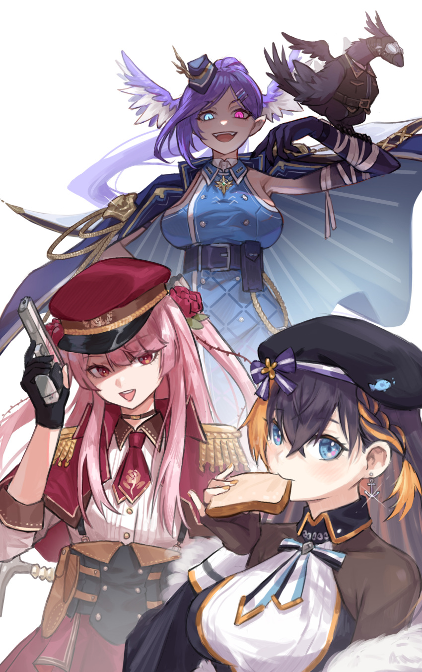 3girls absurdres beret blue_eyes bread capelet dragon_girl ember_(selen_tatsuki) epaulettes flower food garrison_cap gun hair_flower hair_ornament handgun hat head_wings heterochromia highres jacket jacket_on_shoulders maplesights medium_hair multicolored_hair multiple_girls nijisanji nijisanji_en obsydia_(nijisanji) off_shoulder orange_hair peaked_cap petra_gurin pink_hair purple_hair red_flower red_rose rose rosemi_lovelock selen_tatsuki streaked_hair violet_eyes virtual_youtuber weapon