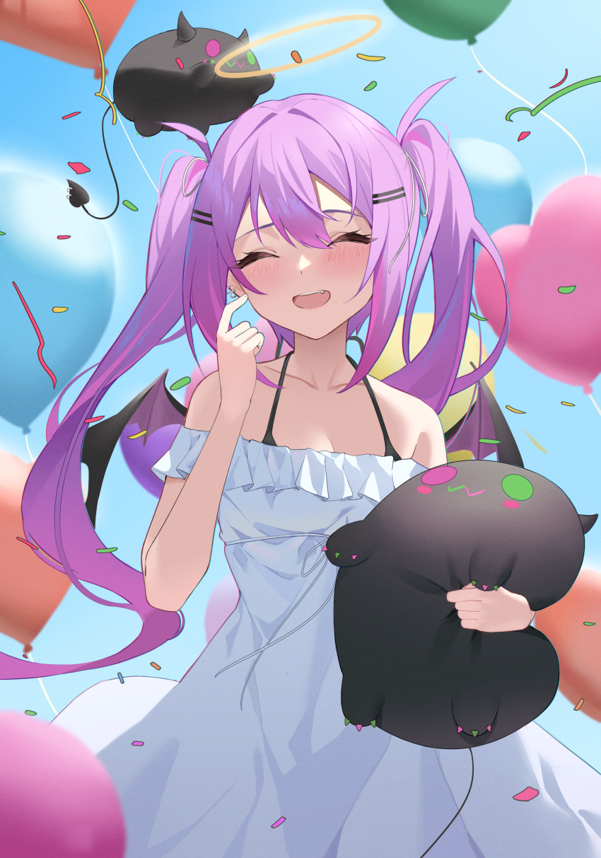 1girl :d absurdres balloon bangs bare_shoulders bibi_(tokoyami_towa) blush closed_eyes confetti demon_wings dress ear_piercing facing_viewer hair_between_eyes hair_ornament hairclip halo halterneck hand_up heart_balloon highres holding holding_stuffed_toy hololive jmao long_hair off-shoulder_dress off_shoulder piercing purple_hair smile solo stuffed_animal stuffed_toy tokoyami_towa virtual_youtuber white_dress wings