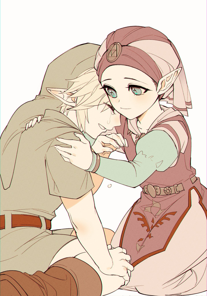 1boy 1girl belt blonde_hair blue_eyes boots bracelet brown_footwear closed_eyes couple crying dress duoj_ji green_headwear green_tunic hand_on_another's_shoulder hat highres jewelry juliet_sleeves kneeling laughing link long_sleeves mob_cap multicolored_clothes multicolored_dress pink_dress pointy_ears princess_zelda puffy_sleeves short_hair short_sleeves tears the_legend_of_zelda the_legend_of_zelda:_ocarina_of_time triforce white_background