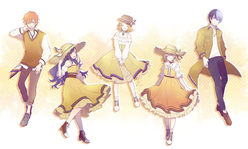 2boys 3girls ^_^ aoyagi_touya azusawa_kohane black_hair blonde_hair blue_hair boater_hat boots brown_footwear brown_headwear chizu_(fiute) closed_eyes coat commentary_request cross-laced_footwear dress gradient_hair grin hat high-waist_skirt highres kagamine_rin lace-up_boots long_sleeves multicolored_hair multiple_boys multiple_girls orange_hair project_sekai puffy_long_sleeves puffy_sleeves red_footwear shinonome_akito shiraishi_an shirt short_twintails sidelocks skirt smile split-color_hair straw_hat sweater_vest twintails vivid_bad_squad_(project_sekai) vocaloid white_shirt yellow_coat yellow_dress yellow_headwear yellow_skirt yellow_sweater_vest yellow_theme