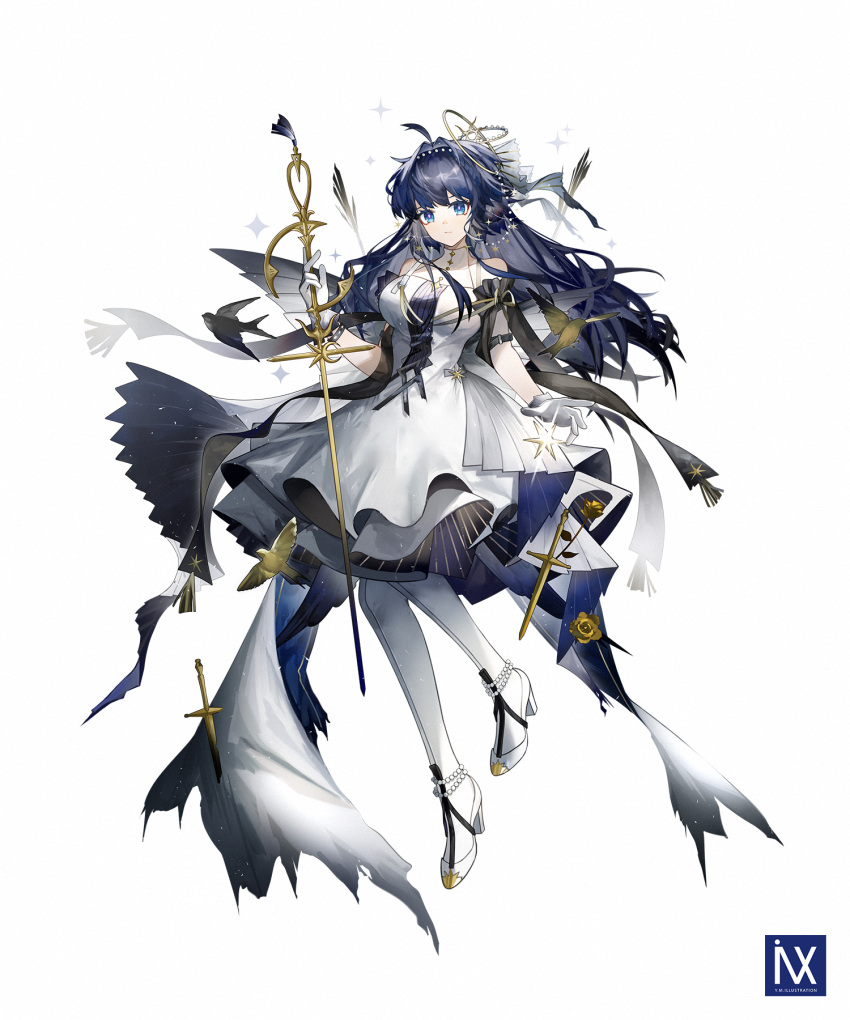 1girl ahoge arknights astesia_(arknights) astesia_(frlibre_on_the_palace)_(arknights) bangs bare_shoulders bird blue_eyes blue_hair breasts closed_mouth dress full_body gloves hair_intakes high_heels highres holding holding_sword holding_weapon long_hair looking_at_viewer medium_breasts pantyhose simple_background solo sword weapon white_background white_dress white_footwear white_gloves white_pantyhose yuuki_mix