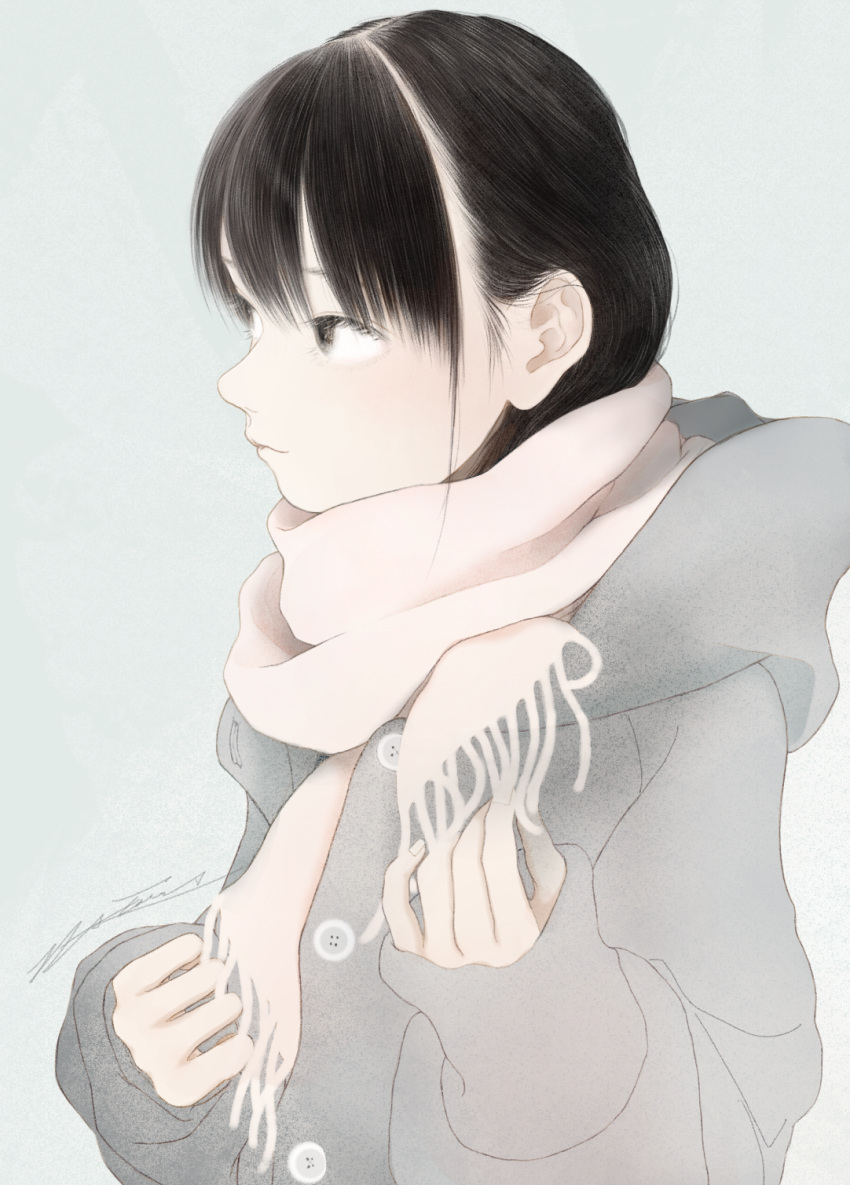 1girl black_eyes black_hair coat grey_background grey_coat highres junito715 looking_to_the_side original scarf short_hair signature simple_background solo upper_body white_scarf