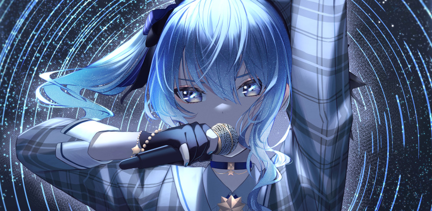 1girl absurdres arm_up backlighting belt black_gloves blue_choker blue_eyes blue_hair blue_nails bracelet choker collared_shirt fingernails gloves hair_between_eyes hat highres holding holding_microphone hololive hoshimachi_suisei jacket jewelry long_hair looking_at_viewer microphone outstretched_arm partially_fingerless_gloves plaid plaid_headwear plaid_jacket portrait shirt shooting_star side_ponytail sidelocks skymax solo star_(symbol) star_in_eye symbol_in_eye virtual_youtuber