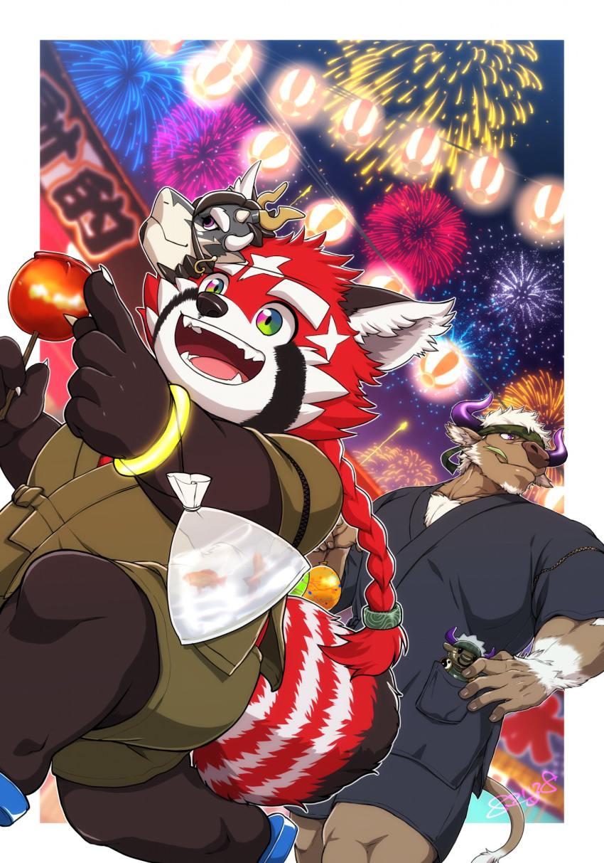 2boys animal_ears border braid brown_fur candy_apple chest_hair cow_ears cow_horns cow_tail cowboy_shot facial_hair fangs fangs_out festival firework_background fish food furry furry_male fuxi_(housamo) glowstick goatee goldfish highres horns japanese_clothes kimono lantern large_pectorals leaf male_focus minotaur mouth_hold multicolored_eyes multicolored_fur multiple_boys muscular muscular_male open_mouth outside_border pectorals pointing pointing_forward purple_horns rainbow_eyes red_fur red_panda_boy red_panda_ears red_panda_tail sandals shennong_(housamo) smile stalk_in_mouth stuffed_animal stuffed_toy tail thick_eyebrows tokyo_afterschool_summoners violet_eyes white_border white_fur white_hair yanai_inaya yo-yo yukata zhurong_(housamo)