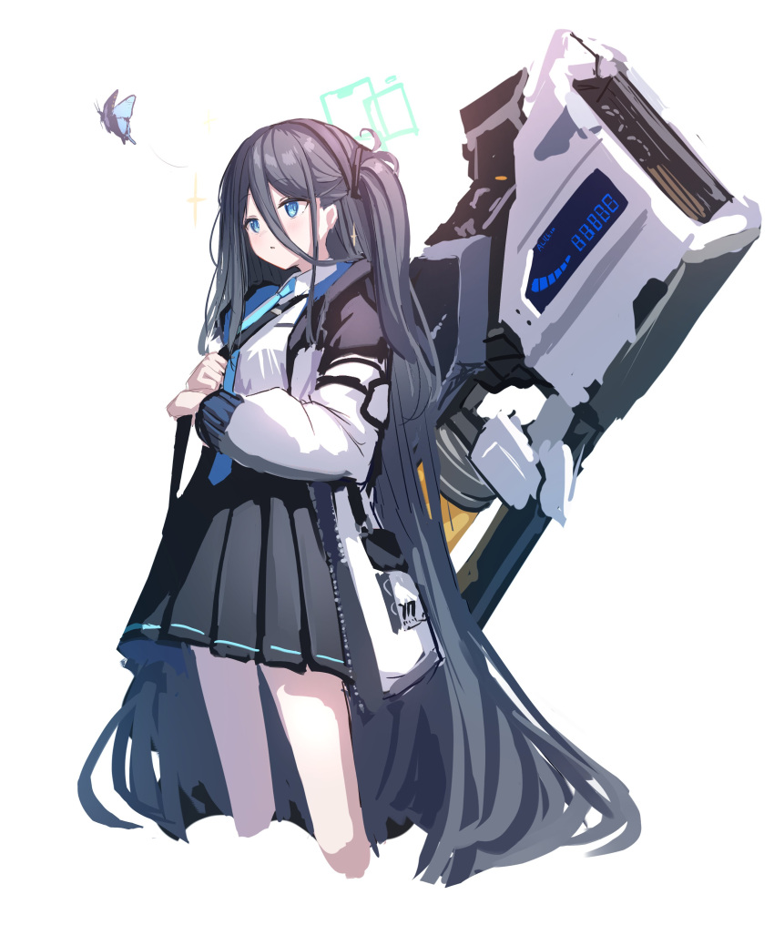 1girl absurdly_long_hair absurdres arisu_(blue_archive) bangs black_hair black_hairband blue_archive blue_eyes blue_necktie bug butterfly collared_shirt hair_between_eyes hairband halo highres long_hair necktie one_side_up parted_lips pleated_skirt railgun shirt shoa_tksm simple_background skirt solo sparkle very_long_hair weapon weapon_on_back white_background white_shirt