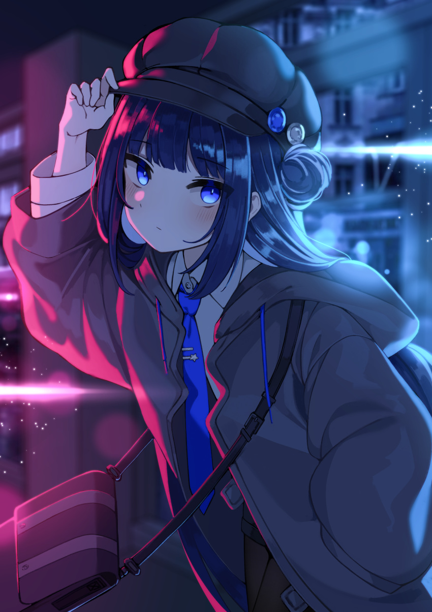 1girl absurdres bag bangs black_coat black_hair black_headwear black_pantyhose blue_eyes blue_necktie blunt_bangs blush cabbie_hat closed_mouth coat cowboy_shot hair_bun hand_on_headwear handbag hat highres karou_(lhscck302) leaning_forward light_particles long_hair long_sleeves looking_at_viewer necktie open_clothes open_coat original pantyhose shoulder_bag single_hair_bun single_side_bun solo