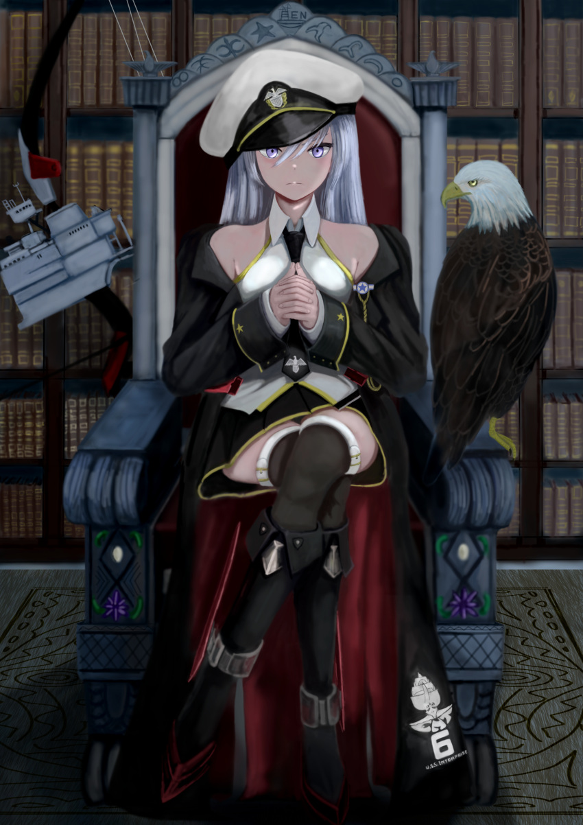 absurdres azur_lane bare_shoulders bird black_jacket boots bow breasts crossed_legs eagle enterprise_(azur_lane) grim_(azur_lane) hair_between_eyes hat highres jacket library long_hair looking_at_viewer medium_breasts necktie off_shoulder open_clothes own_hands_together serious shirataki_yaen sitting thigh-highs throne violet_eyes white_hair