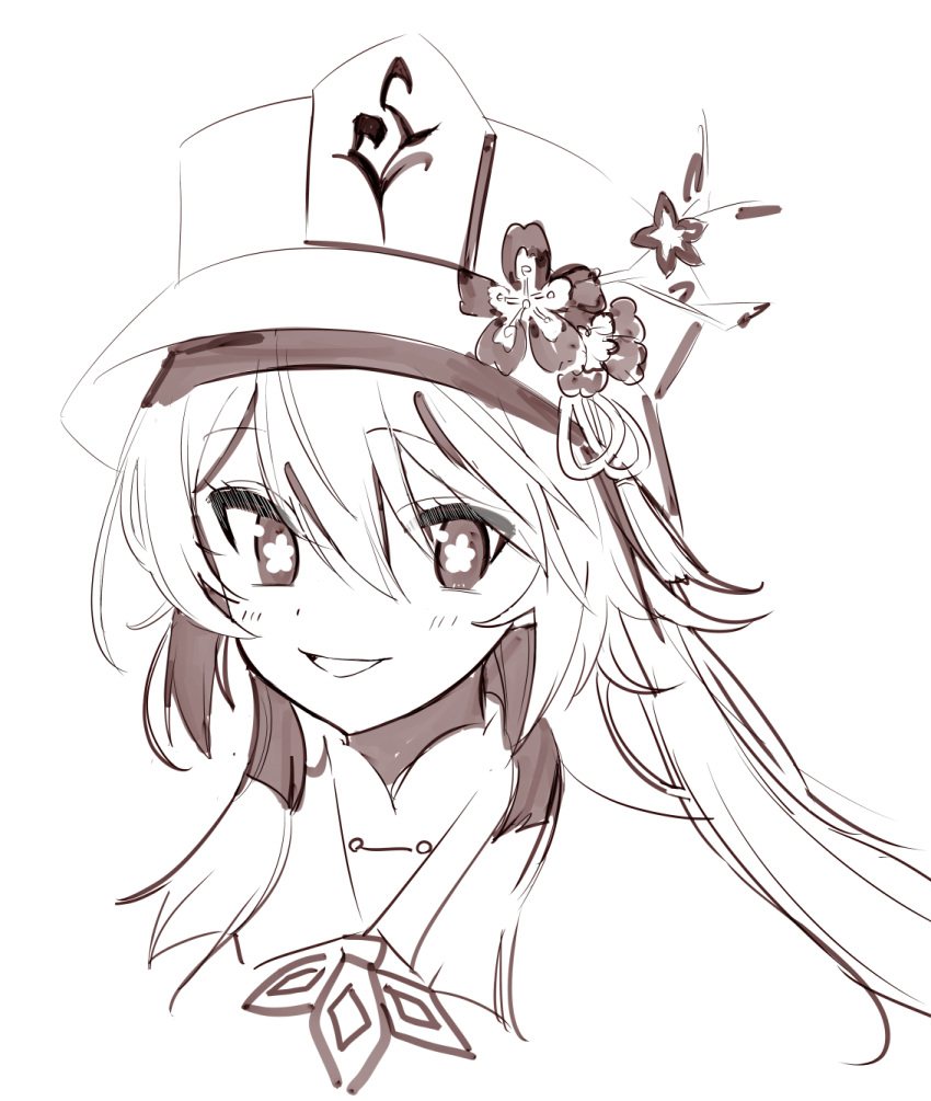 1girl bangs flower flower-shaped_pupils genshin_impact hair_between_eyes hat hat_flower highres hu_tao_(genshin_impact) long_hair looking_at_viewer monochrome parted_lips portrait simple_background smile solo symbol-shaped_pupils tetuw white_background