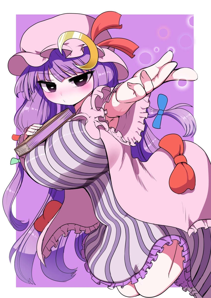 1girl absurdres blush book bow breasts dress foreshortening frills hair_bow hat highres huge_breasts long_hair looking_at_viewer mob_cap moon_(ornament) patchouli_knowledge purple_hair simple_background striped striped_dress touhou violet_eyes zurikishi