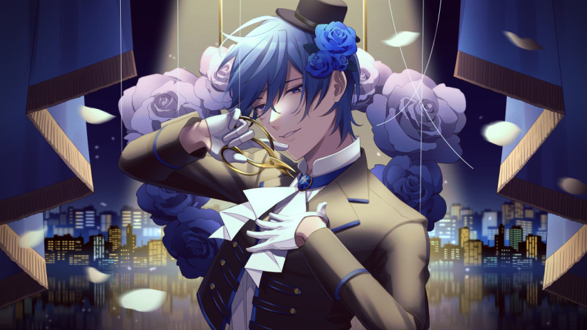 1boy ascot black_jacket blue_eyes blue_flower blue_hair blue_rose blue_theme brooch city floral_background flower gloves hair_flower hair_ornament hands_up hat holding holding_scissors jacket jewelry kaito_(vocaloid) long_sleeves male_focus night nokuhashi open_clothes open_jacket petals rose scissors smile solo thread vocaloid white_gloves