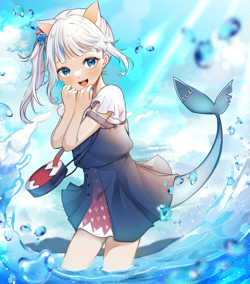 1girl :d animal_bag animal_ears asymmetrical_hair bag bangs blue_eyes blue_hair blue_nails blue_skirt blue_sky blunt_bangs blush buttons cat_ears clouds day eyelashes fingernails fish_tail frilled_shirt frills gawr_gura hair_cubes hair_ornament hands_up highres hololive hololive_english in_water light_rays long_hair looking_at_viewer multicolored_hair nail_polish norisukexxy open_mouth outdoors shark_bag shark_tail sharp_teeth shirt shoulder_bag side_ponytail sidelocks skirt skirt_set sky sleeveless sleeveless_shirt smile solo standing strap_slip streaked_hair sunlight tail teeth tongue wading water water_drop white_hair white_shirt
