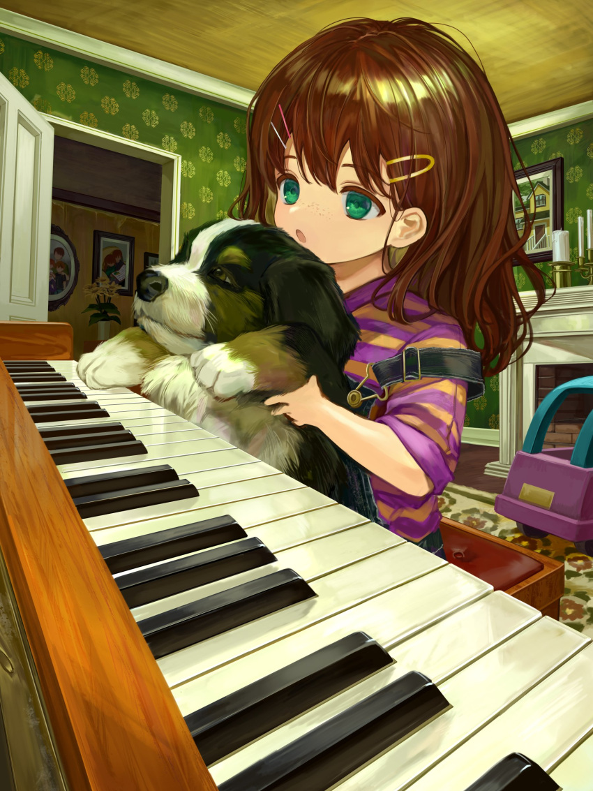 1girl absurdres animal brown_hair candle candlestand dog female_child fireplace flower freckles green_eyes hair_ornament hairclip highres holding holding_animal indoors instrument long_hair original overalls parted_lips piano picture_frame sero3eta shirt short_sleeves solo striped striped_shirt vase yellow_flower