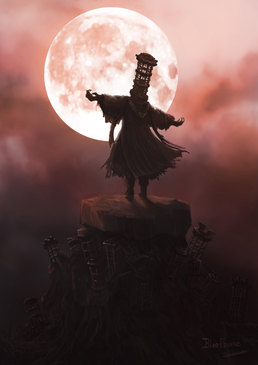 1boy bloodborne boots cage clouds from_behind full_moon highres long_sleeves male_focus micolash_host_of_the_nightmare moon outstretched_arms red_moon solo standing torn_clothes torn_coat tripdancer