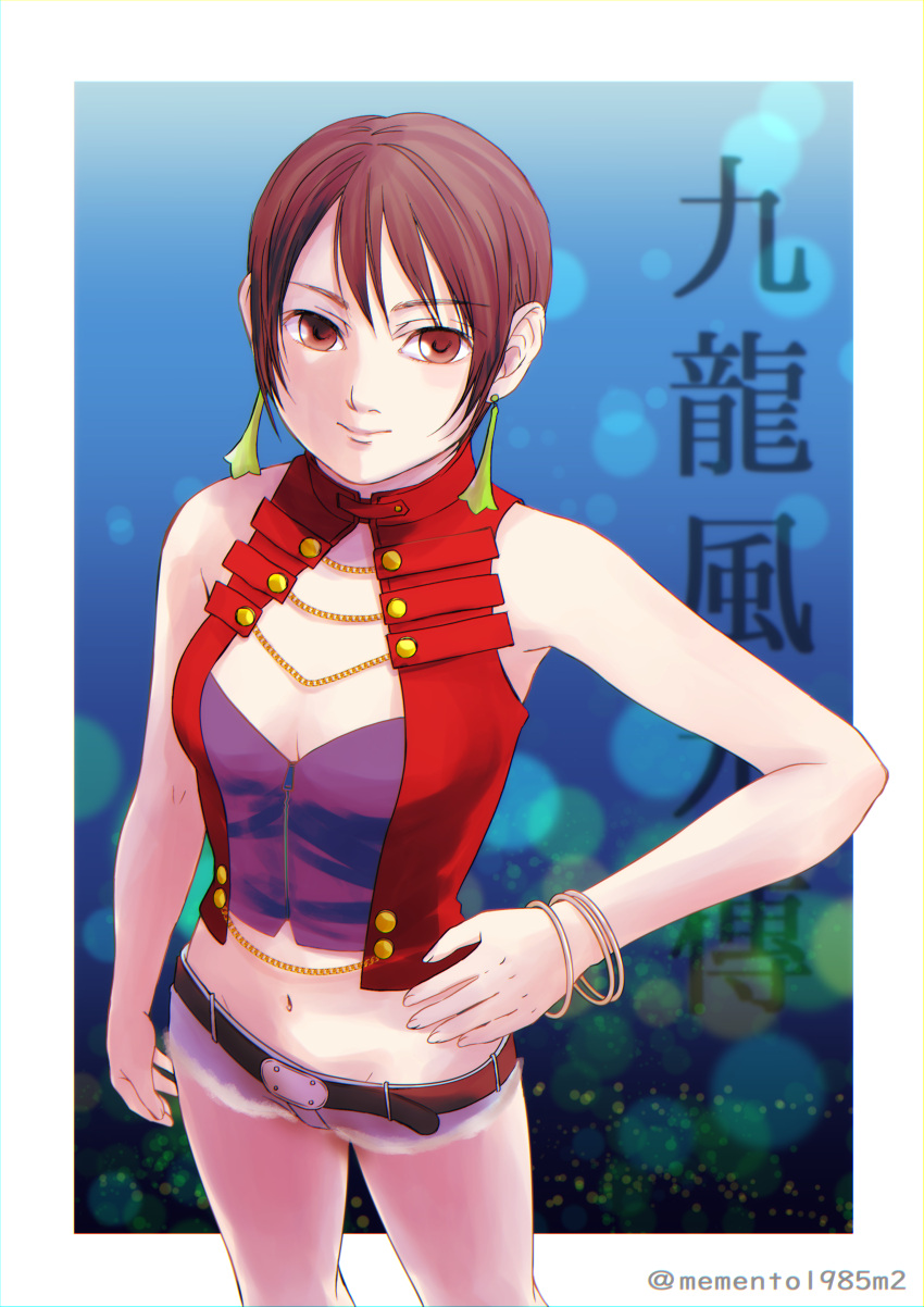 1girl absurdres belt breasts brown_eyes brown_hair closed_mouth earrings highres jewelry kowloon's_gate looking_at_viewer mao_(mao1985) navel short_hair short_shorts shorts smile solo xiaohei