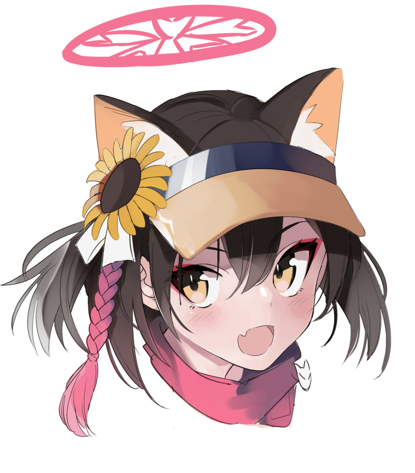 1girl :d animal_ear_fluff animal_ears bangs black_hair blue_archive brown_eyes brown_headwear fang flower fox_ears hair_between_eyes hair_flower hair_ornament halo highres izuna_(blue_archive) izuna_(swimsuit)_(blue_archive) long_hair looking_at_viewer simple_background smile solo sunflower sunflower_hair_ornament tetuw visor_cap white_background yellow_flower