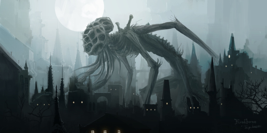 amygdala artist_name bloodborne bridge building city copyright_name extra_arms from_side full_moon highres house monster moon no_humans outdoors solo tentacles tripdancer