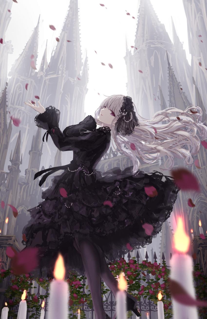 1girl bangs black_dress black_hairband black_pantyhose blurry blurry_background blurry_foreground building candle castle commentary_request day depth_of_field dress falling_petals floating_hair flower frills from_side gothic_lolita hair_ornament hairband highres lolita_fashion long_hair long_sleeves looking_at_viewer missile228 original outdoors pantyhose parted_lips petals red_flower smile solo standing violet_eyes white_hair
