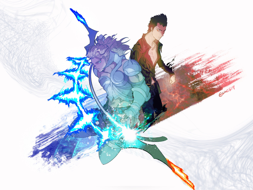 2boys absurdres bare_pectorals belt black_hair black_vs_white blade blonde_hair blue_eyes closed_mouth collarbone el_shaddai enoch fingernails gloves glowing glowing_weapon hair_slicked_back highres holding holding_weapon long_hair lucifel_(el_shaddai) male_focus multiple_boys navel pectorals pink_eyes sae_(suzuki4866) twitter_username weapon white_gloves
