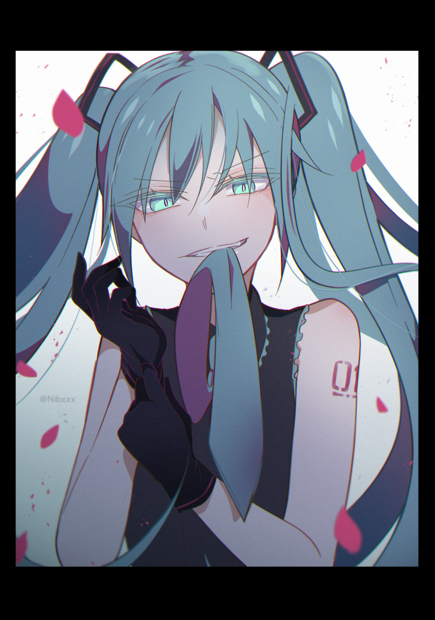 absurdres adjusting_clothes adjusting_gloves aqua_eyes aqua_hair biting biting_clothes gloves hatsune_miku highres mouth_hold necktie necktie_in_mouth nibxxx sleeveless solo twintails vocaloid