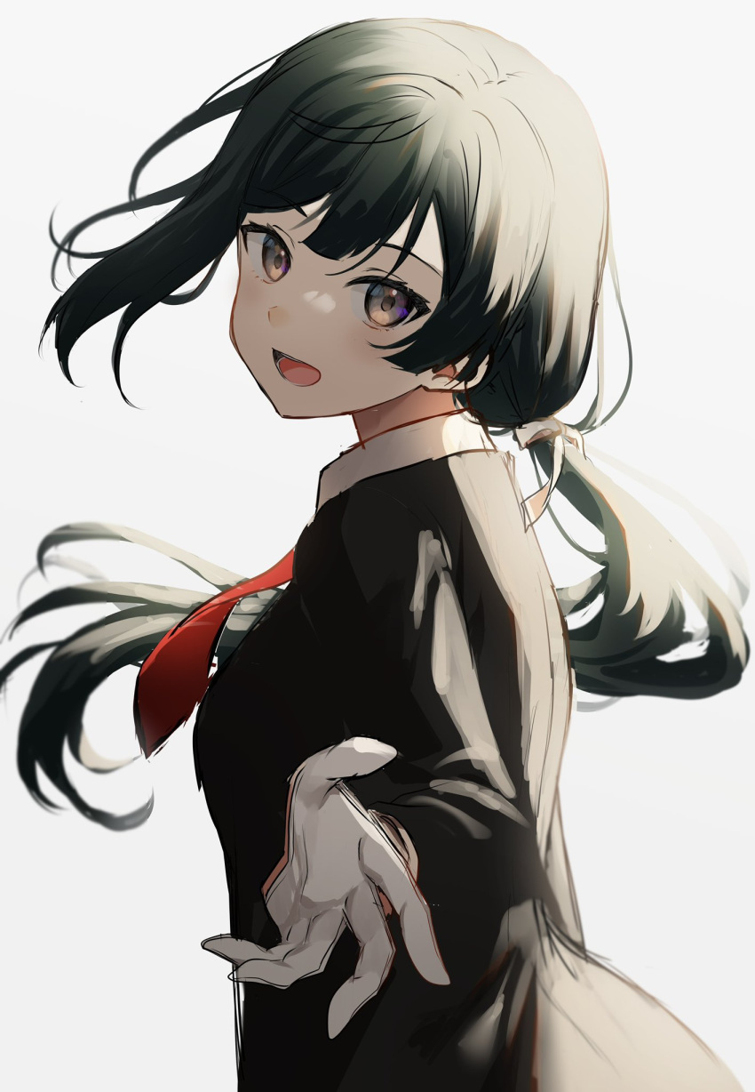 1girl bangs black_hair breasts butler commentary formal gloves grey_background grey_eyes highres long_hair looking_at_viewer love_live! love_live!_nijigasaki_high_school_idol_club low_ponytail medium_breasts mia_(fai1510) necktie red_necktie solo upper_body white_gloves yuuki_setsuna_(love_live!)