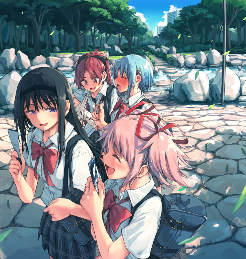 4girls akemi_homura bag bandaged_arm bandages black_hair blue_hair cast closed_eyes hair_ornament hairband hairclip happy highres kaname_madoka mahou_shoujo_madoka_magica miki_sayaka multiple_girls outdoors pink_hair plaid plaid_skirt pleated_skirt redhead ryuunosuke_(luckyneco) sakura_kyouko school_bag school_uniform short_sleeves skirt smile twintails