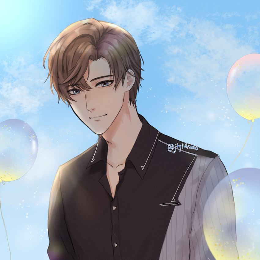 1boy artem_wing_(tears_of_themis) artist_name balloon bangs black_shirt blue_eyes blue_sky brown_hair closed_mouth clouds cloudy_sky collared_shirt highres jtyldraws outdoors shirt short_hair short_sleeves sky smile solo tears_of_themis