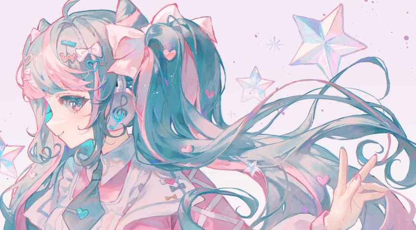 1girl apron aqua_eyes aqua_hair aqua_necktie arm_ribbon bow closed_mouth collared_shirt commentary frilled_apron frills hair_bow hair_ornament hatsune_miku headphones heart heart_hair_ornament highres long_hair long_sleeves looking_at_viewer maccha_(mochancc) multicolored_hair necktie pink_background pink_hair pink_nails pink_shirt profile ribbon shirt sideways_glance simple_background smile solo star_(symbol) streaked_hair treble_clef twintails two-tone_hair upper_body vocaloid white_bow wing_collar