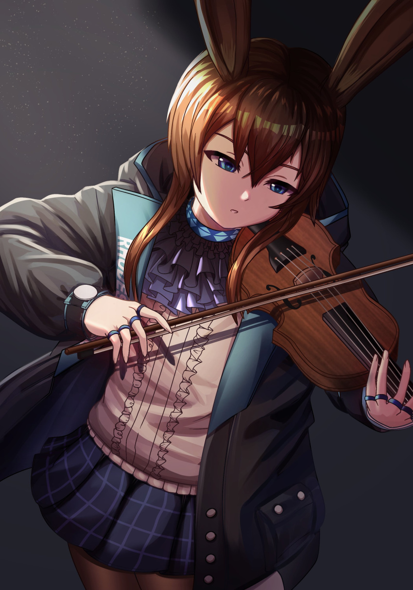 1girl absurdres amiya_(arknights) animal_ears arknights bangs black_jacket blue_eyes bow_(music) brown_hair collar commentary english_commentary frilled_shirt frills half-closed_eyes highres instrument jacket jewelry junboonicus long_sleeves plaid plaid_skirt rabbit_ears ring shirt sidelocks skirt solo solo_focus thigh-highs violin