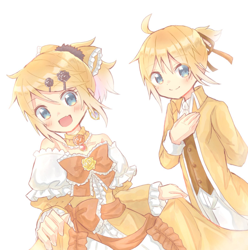 1boy 1girl :d ahoge aku_no_meshitsukai_(vocaloid) aku_no_musume_(vocaloid) allen_avadonia aquamarinu ascot backlighting bare_shoulders blonde_hair bloom blue_eyes blush bow brooch brother_and_sister choker collarbone dress dress_flower dutch_angle earrings evillious_nendaiki fang flower frilled_choker frilled_dress frills hair_bow hair_ornament hair_ribbon hairclip hand_on_own_chest highres jacket jewelry kagamine_len kagamine_rin looking_at_viewer open_mouth orange_bow pants ponytail ribbon riliane_lucifen_d'autriche rose short_ponytail siblings sidelocks skin_fang skirt_hold smile strapless strapless_dress twins vocaloid white_background white_pants yellow_bow yellow_choker yellow_dress yellow_flower yellow_jacket yellow_rose
