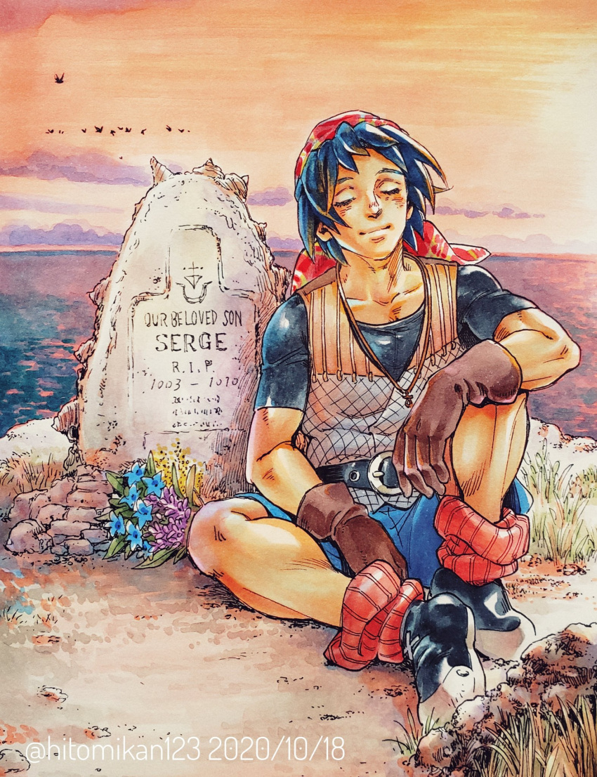 1boy armor bandana belt belt_buckle black_shirt blue_hair blue_shorts boots bouquet brown_gloves buckle chainmail character_name chrono_cross closed_eyes collarbone full_body gankyuumikan gloves grass grave highres male_focus ocean outdoors red_bandana serge_(chrono_cross) shirt short_hair shorts sitting smile solo t-shirt tombstone