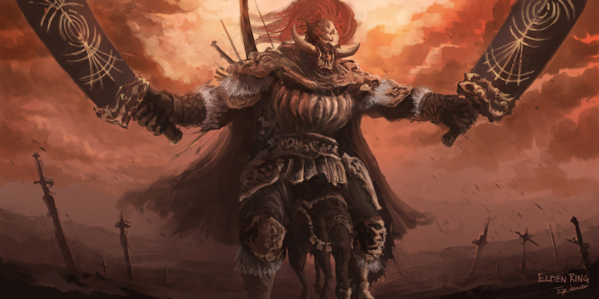1boy animal armor cape dual_wielding elden_ring fake_horns full_armor gloves helmet highres holding holding_sword holding_weapon horned_helmet horns horse long_hair male_focus open_mouth planted planted_sword red_sky redhead sky starscourge_radahn sword tripdancer weapon