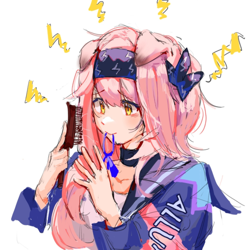 1girl alternate_hairstyle animal_ears arknights black_bow black_collar black_hairband blue_jacket bow brushing_hair cat_ears cat_girl christory_yyb collar comb floppy_ears goldenglow_(arknights) hair_bow hair_down hair_tie_in_mouth hairband hands_up holding holding_comb jacket lightning_bolt_print long_hair long_skirt mouth_hold multicolored_clothes multicolored_jacket pink_hair pink_jacket print_bow print_hairband shirt simple_background sketch skirt solo two-tone_jacket white_background white_shirt yellow_eyes