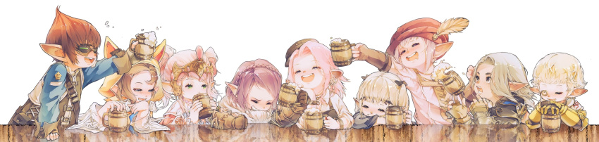 3boys 6+girls ^_^ ^o^ alcohol animal_hood arm_rest armor avatar_(ff14) bangs beer belt_buckle beret blonde_hair blue_eyes blue_shirt blush bow braid brown_eyes brown_gloves brown_hair brown_vest buckle cat_hood closed_eyes collar commentary covered_eyes crown_braid cup drinking drooling drunk ear_piercing elbow_gloves elbow_on_table final_fantasy final_fantasy_xiv fingerless_gloves foam food freckles gauntlets giott gloves goggles green_eyes grin hair_bow half-closed_eyes hand_on_table hat hat_feather head_on_arm head_rest headpiece highres holding holding_cup hood hood_up hoodie jewelry krile_mayer_baldesion_(ff14) lalafell lamitt long_sleeves looking_at_another mixed-language_commentary monocle multiple_boys multiple_girls nanamo_ul_namo open_mouth outstretched_arm papalymo_totolymo pauldrons piercing pink_hair pink_shirt pipin_tarupin pointy_ears pouch red_headwear reflection ring ruoliang shirt short_hair short_twintails shoulder_armor shoulder_belt simple_background smile table tankard tataru_taru toast twintails two_side_up upper_body vest wedge_(ff14) white_background white_shirt wide_image yellow_gloves yellow_hoodie