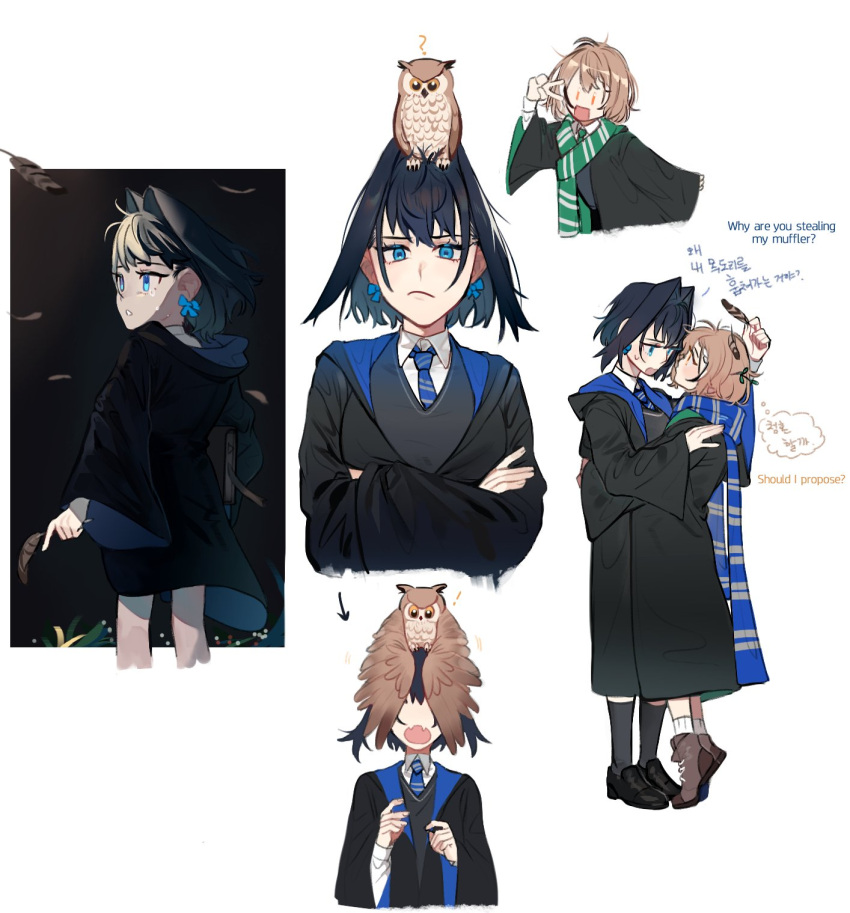 2girls ? arrow_(symbol) bird black_hair blue_eyes book bow bow_earrings brown_hair crossed_arms crying crying_with_eyes_open earrings english_text eus_ing eye_contact fangs feathers full_body hair_between_eyes harry_potter_(series) highres hogwarts_school_uniform holding holding_book hug jewelry looking_at_another looking_at_viewer multiple_girls multiple_views necktie open_mouth owl scarf school_uniform short_hair simple_background skin_fangs standing tears tiptoes v white_background yuri