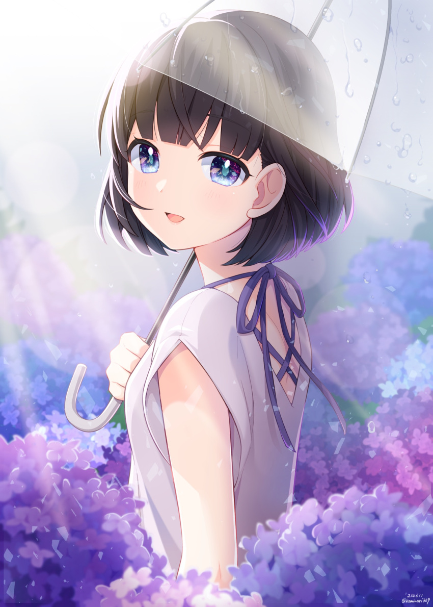 1girl :d artist_name bangs black_hair blue_eyes blunt_bangs commentary_request flower flower_request highres holding holding_umbrella multicolored_eyes open_mouth original purple_theme rai_miruku shirt short_sleeves smile solo transparent transparent_umbrella twitter_username umbrella upper_body violet_eyes water_drop watermark white_shirt
