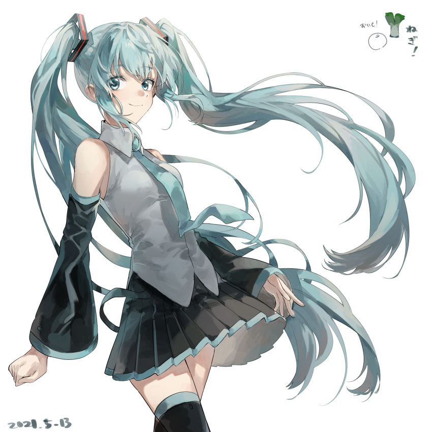 1girl absurdres arms_at_sides bare_shoulders black_skirt black_sleeves black_thighhighs blue_eyes blue_hair blue_necktie breasts clenched_hand closed_mouth collared_shirt coppepan cowboy_shot detached_sleeves eyelashes eyes_visible_through_hair floating_hair grey_shirt hatsune_miku highres long_hair looking_at_viewer necktie pleated_skirt shirt sidelocks simple_background skirt sleeveless sleeveless_shirt small_breasts smile solo thigh-highs tsurime twintails very_long_hair vocaloid white_background wide_sleeves zettai_ryouiki