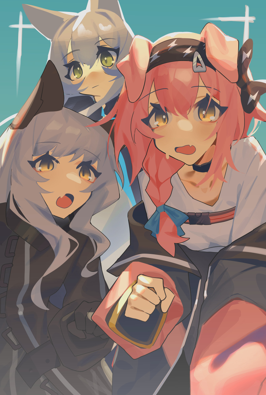 3girls :o absurdres animal_ears aqua_background arknights black_choker black_jacket blue_bow bow braid cat_ears cat_girl choker collarbone expressionless fang ghost_(tama) goldenglow_(arknights) green_eyes grey_hair hair_bow haze_(arknights) highres jacket looking_at_viewer multiple_girls off_shoulder open_mouth pink_hair rosmontis_(arknights) shirt side_braid skin_fang smile white_shirt yellow_eyes