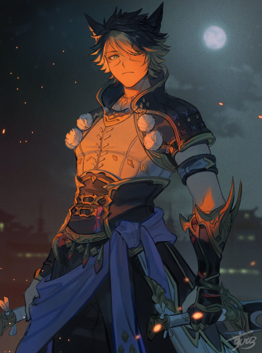 1boy animal_ears armband armor arms_at_sides avatar_(ff14) bangs black_hair black_pants blonde_hair blue_eyes blue_sash breastplate building cat_ears city clouds commentary cowboy_shot dagger dual_wielding embers expressionless facial_mark film_grain final_fantasy final_fantasy_xiv full_moon gauntlets grey_sky hair_over_one_eye highres hirosdesu holding holding_dagger holding_weapon knife looking_at_viewer looking_down male_focus miqo'te moon multicolored_hair night night_sky ninja_(final_fantasy) outdoors pants pauldrons sash short_hair shoulder_armor signature sky slit_pupils solo standing streaked_hair swept_bangs symbol-only_commentary two-tone_hair weapon
