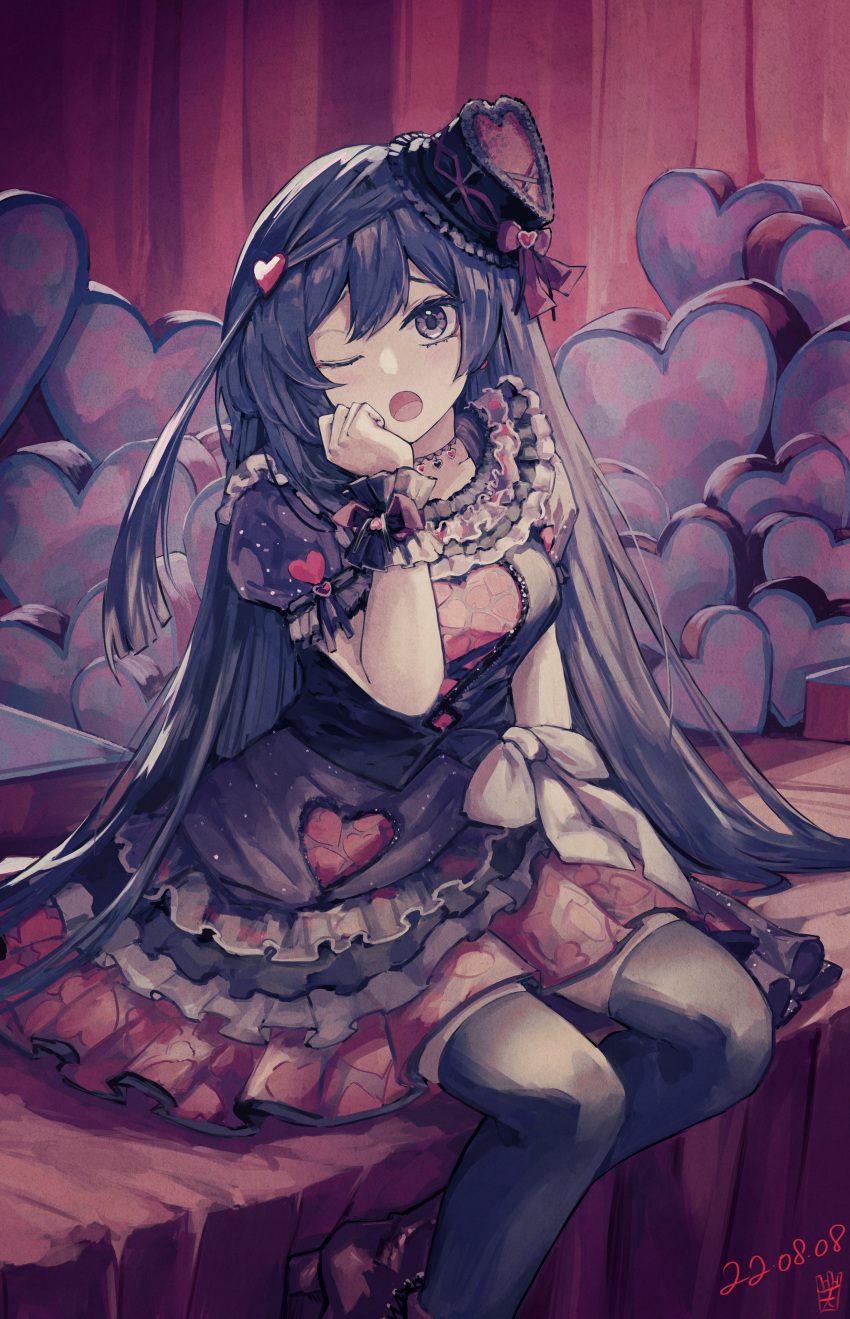 1girl absurdres bangs birthday black_hair breasts choker commentary commentary_request dated dress frilled_dress frills grey_eyes hair_ornament hat heart heart_hair_ornament highres long_hair looking_at_viewer love_live! love_live!_nijigasaki_high_school_idol_club medium_breasts one_side_up ootato partial_commentary sidelocks signature sitting solo very_long_hair yada_(love_live!) yuuki_setsuna_(love_live!)