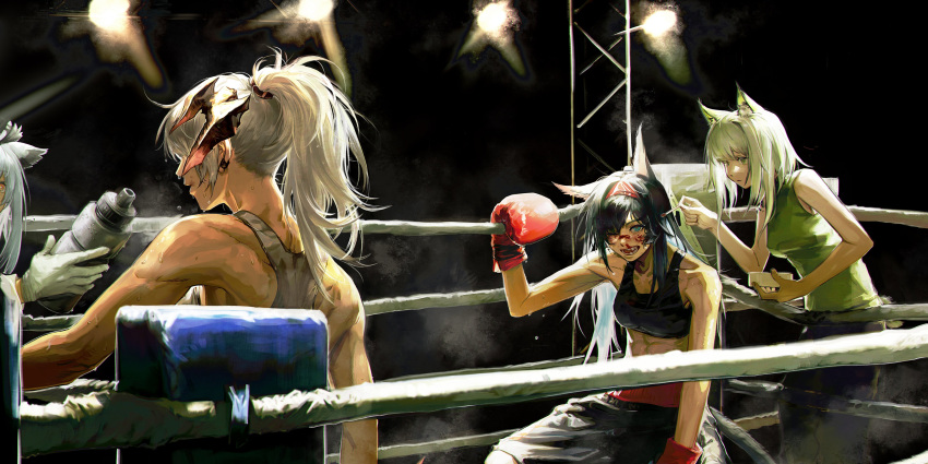 4girls absurdres animal_ears arknights bangs black_hair blaze_(arknights) blood blood_on_face blue_eyes bottle boxing_gloves boxing_ring cat_ears cat_girl crop_top deatiose fangs gloves green_eyes green_shirt grey_shirt hair_between_eyes headgear highres horns kal'tsit_(arknights) long_hair midriff multiple_girls muscular muscular_female nosebleed one_eye_closed open_mouth out_of_frame owl_ears ponytail ptilopsis_(arknights) saria_(arknights) shirt sitting smile sweat sweatdrop tail tank_top water_bottle white_hair