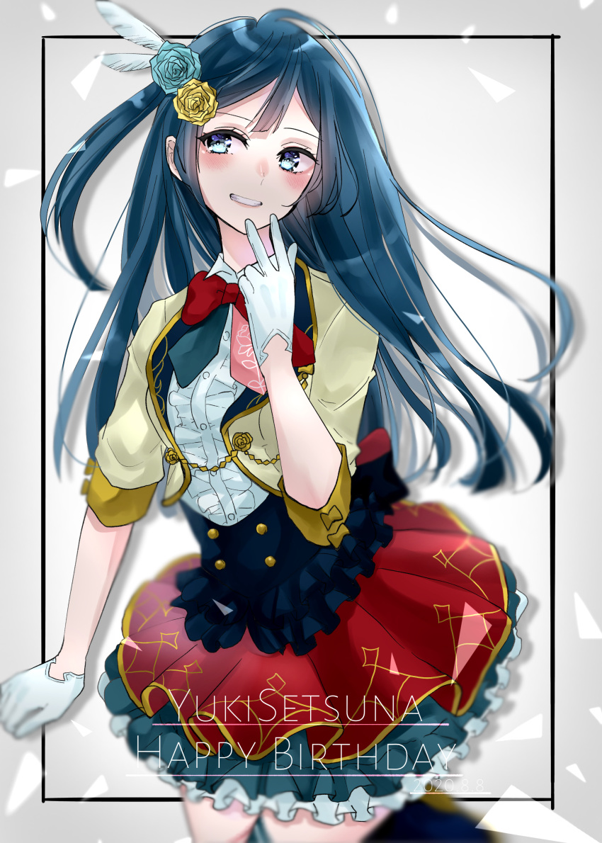 1girl absurdres afterschool_school_idol_(love_live!) bangs birthday black_eyes black_hair character_name commentary english_text feather_hair_ornament feathers flower gloves grey_background grin hair_flower hair_ornament happy_birthday highres long_hair looking_at_viewer love_live! love_live!_nijigasaki_high_school_idol_club maple_(maplesiroop) one_side_up sidelocks smile upper_body white_gloves yuuki_setsuna_(love_live!)