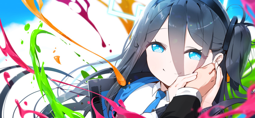 1girl absurdres arisu_(blue_archive) bangs black_hair black_hairband blue_archive blue_eyes blue_necktie bright_pupils clouds collared_shirt hairband halo hand_on_another's_cheek hand_on_another's_face highres jacket looking_at_viewer nasan_(coldtime) necktie one_side_up paint_splatter ringed_eyes shirt sky smile tie_clip white_pupils white_shirt