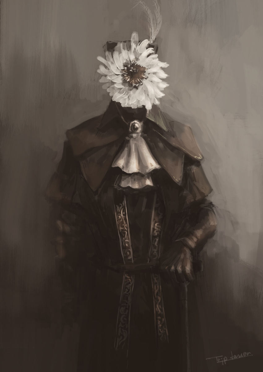 1girl artist_name ascot bloodborne brown_background brown_coat cane character_request check_character coat flower gem gloves grey_ascot grey_background hat_feather highres lady_maria_of_the_astral_clocktower multicolored_background solo standing tripdancer white_flower