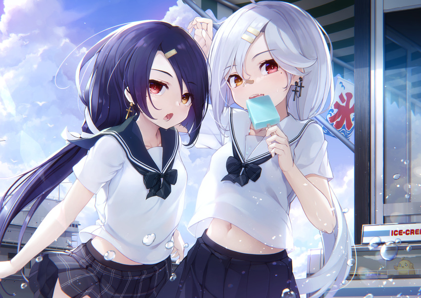 2girls azur_lane bangs bird black_hair blue_skirt blue_sky cassin_(azur_lane) cassin_(shopping_carte_blanche)_(azur_lane) clouds collarbone commentary_request cross cross_earrings day downes_(azur_lane) downes_(part-time_bomber)_(azur_lane) earrings eorx fang hair_ornament hairclip heterochromia highres ice_cream_bar jewelry long_hair looking_at_viewer low_ponytail manjuu_(azur_lane) midriff_peek military military_vehicle mole mole_under_eye multiple_girls navel neck_ribbon official_alternate_costume open_mouth outdoors pleated_skirt red_eyes ribbon sailor_collar school_uniform seagull ship shirt short_sleeves siblings sisters skirt sky stomach sunlight sweat swept_bangs warship watercraft white_hair white_shirt yellow_eyes