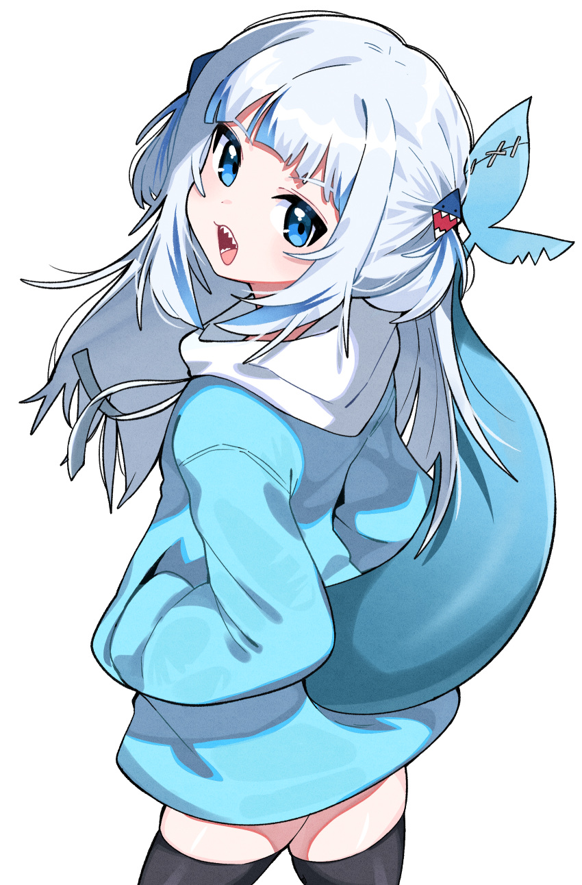 1girl absurdres bangs black_thighhighs blue_eyes blue_hair blue_hoodie commentary drawstring gawr_gura grey_hair hair_ornament hands_in_pockets highres hololive hololive_english hood hood_down hoodie long_hair long_sleeves looking_at_viewer looking_back multicolored_hair open_mouth puffy_long_sleeves puffy_sleeves shark_tail sharp_teeth simple_background solo streaked_hair tail tail_raised teeth thigh-highs tosyeo two_side_up virtual_youtuber white_background