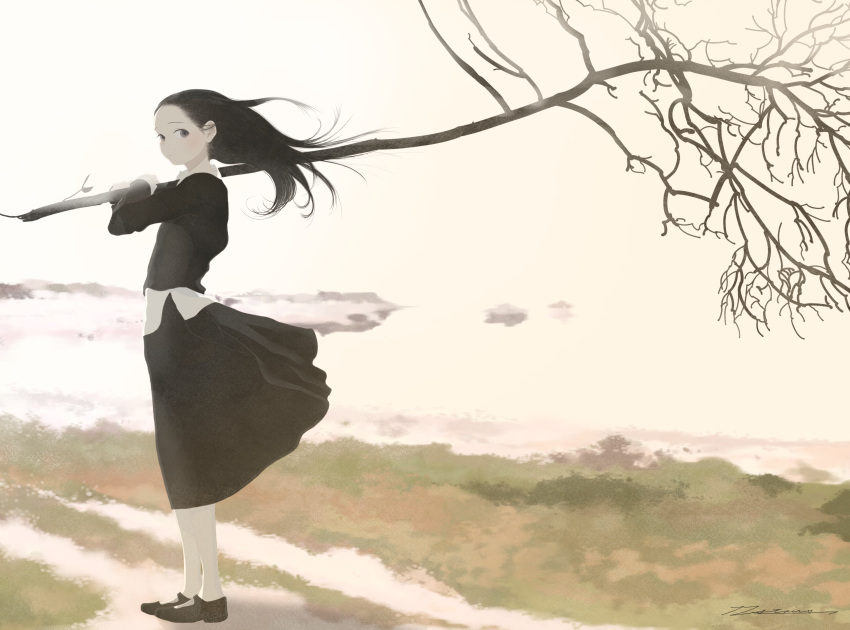 1girl absurdres black_eyes black_footwear black_hair black_skirt blurry blurry_background branch day full_body highres holding holding_branch junito715 long_hair long_sleeves looking_at_viewer original outdoors pantyhose skirt solo standing white_pantyhose wind